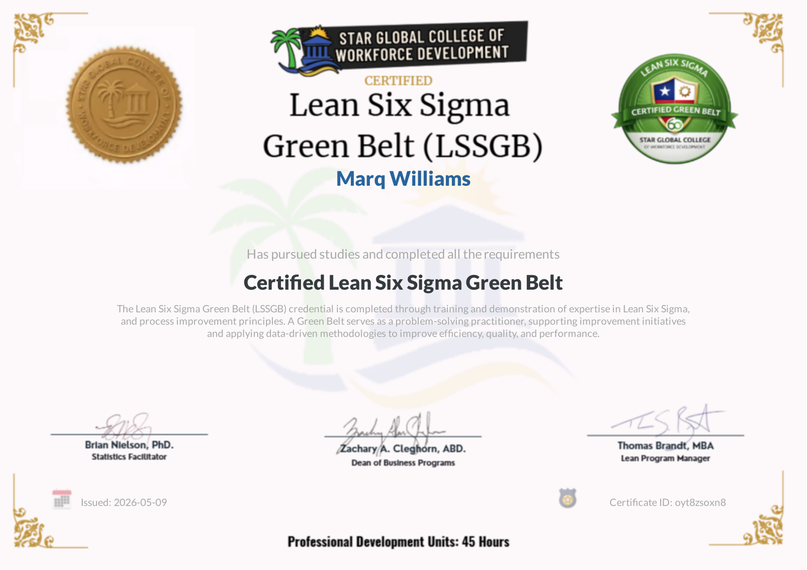 Lean Six Sigma Green Belt certificate