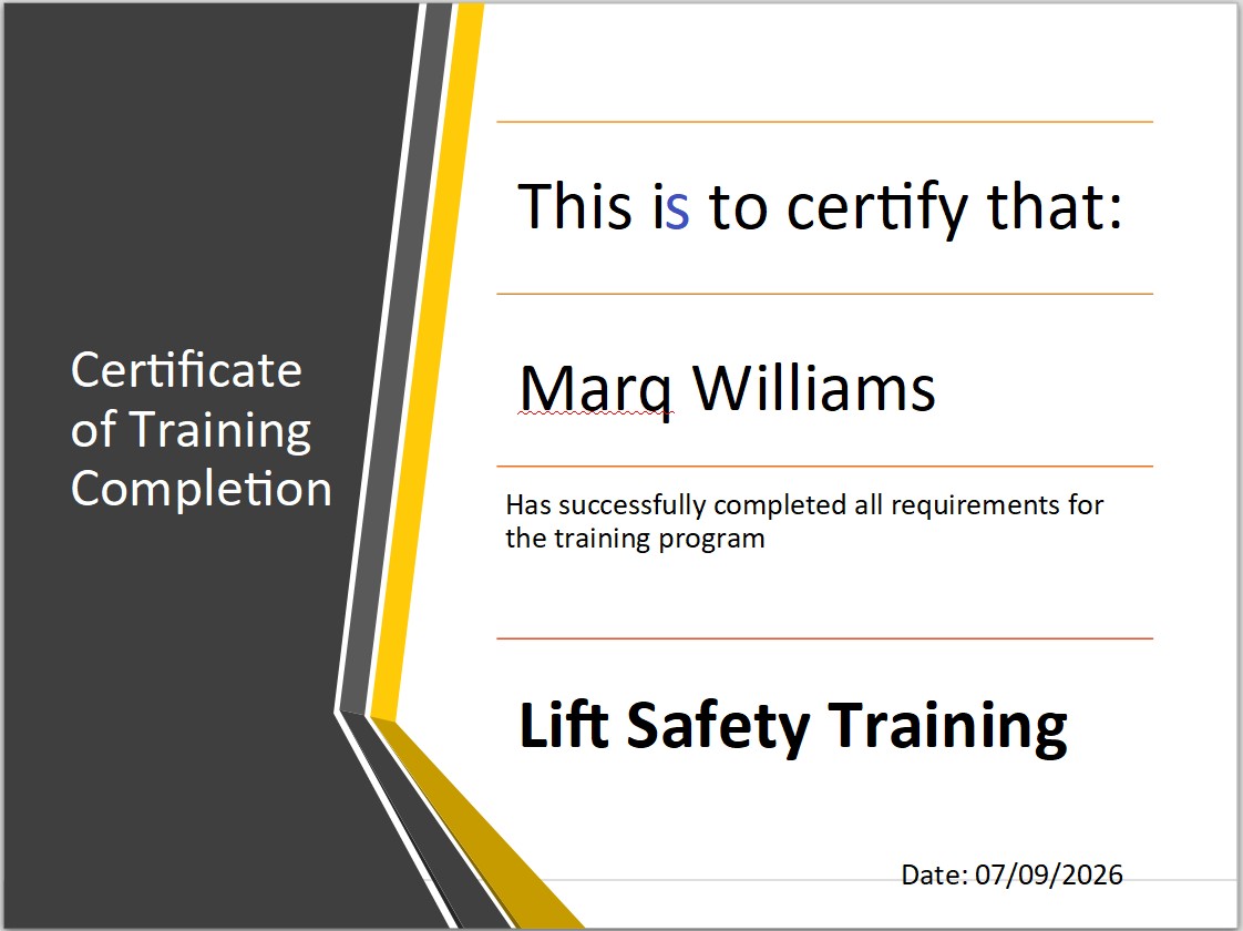 Lift Safety Training certificate